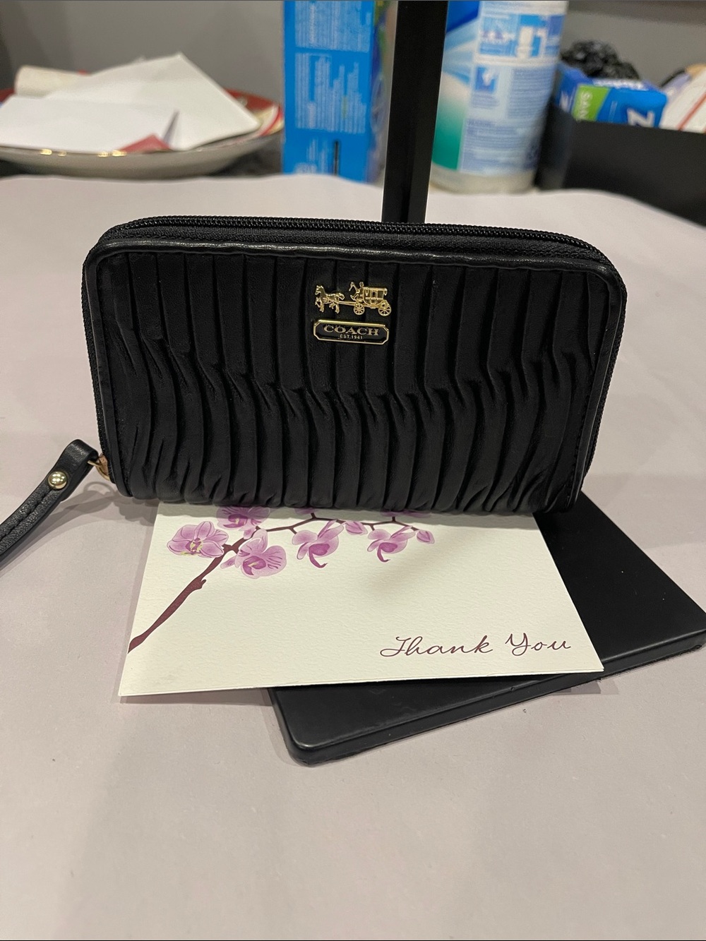 COACH Madison Gathered Twist Pleated Black Leather Clutch Wristlet - Picture 1 of 6